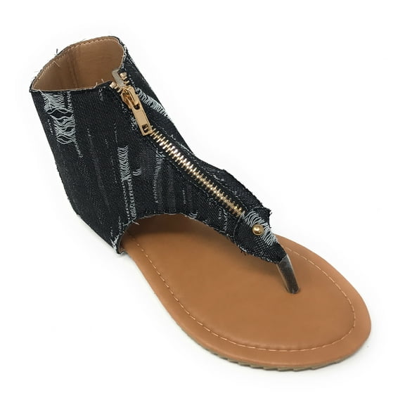 Victoria K Women's Distress Denim Zip Front Sandals