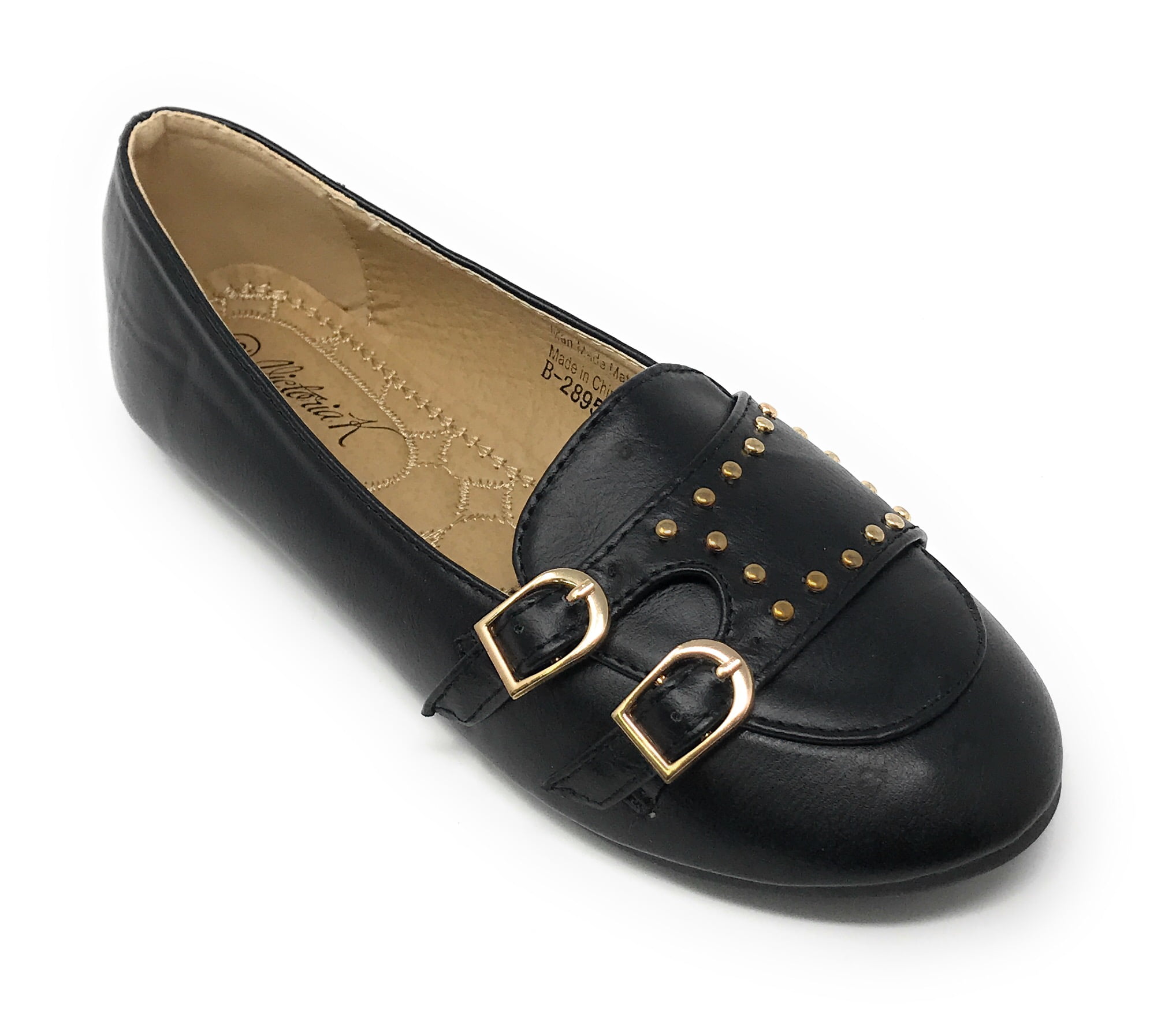 Victoria K Women's Double Buckles Gold Studs Ballerina Flats