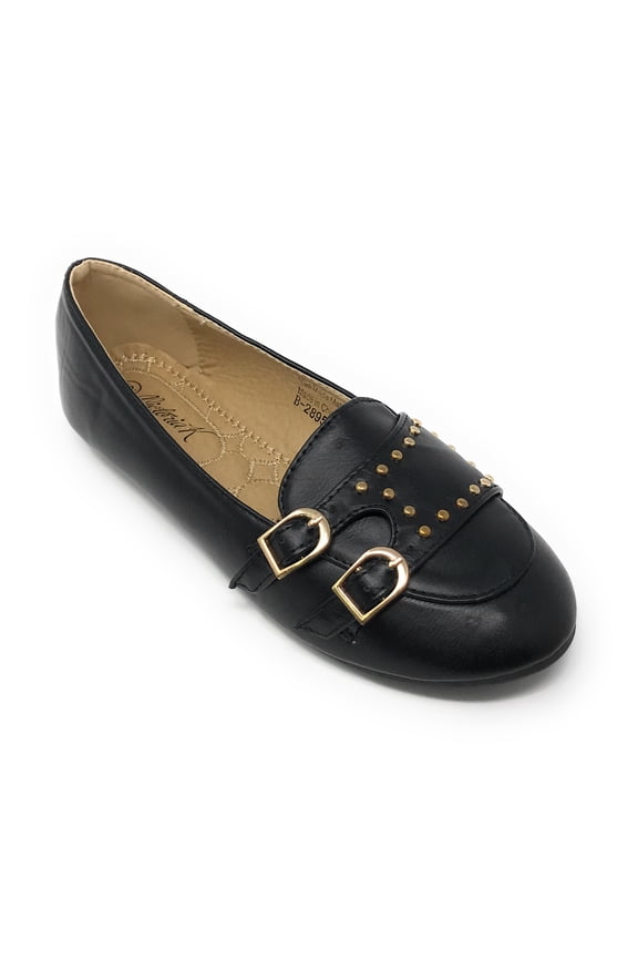 Women's Double Buckles Gold Studs Ballerina Flats