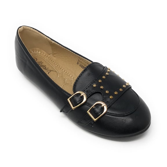 Victoria K Women's Double Buckles Gold Studs Ballerina Flats