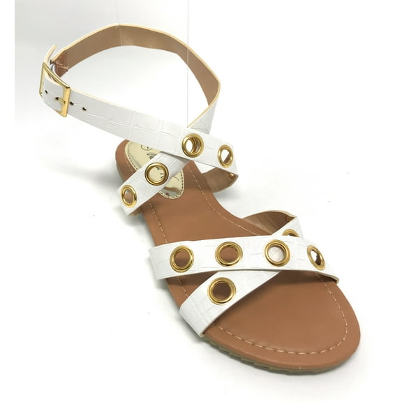 Victoria K Women's Eyelets Grommet Criss Cross Faux Snake Skin Strap Sandals