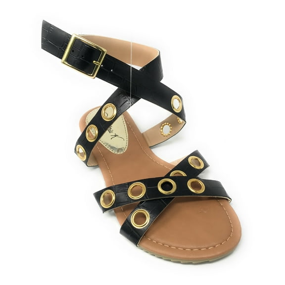 Victoria K Women's Eyelets Grommet Criss Cross Faux Snake Skin Strap Sandals