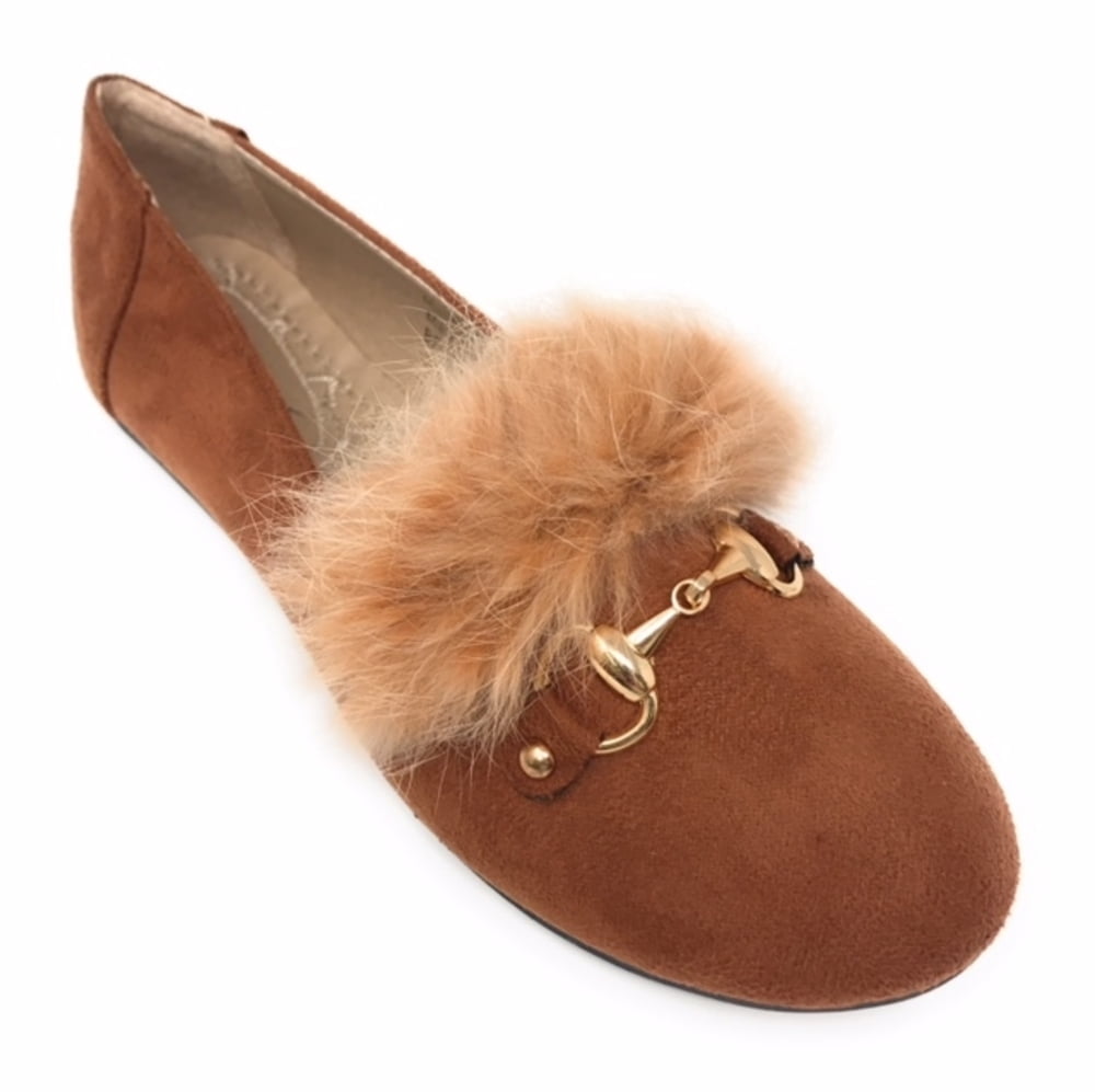 Women’s Loafer Flats with Faux Fur and Gold Chain Accent – Soft Suede-Like Slip-On Shoes – Comfortable Casual Dress Flats for Work, Office, Travel, or Everyday Wear