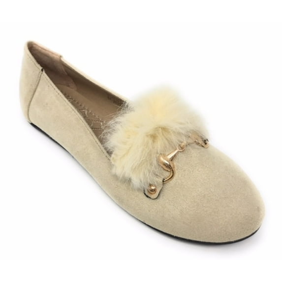 Women’s Loafer Flats with Faux Fur and Gold Chain Accent – Soft Suede-Like Slip-On Shoes – Comfortable Casual Dress Flats for Work, Office, Travel, or Everyday Wear