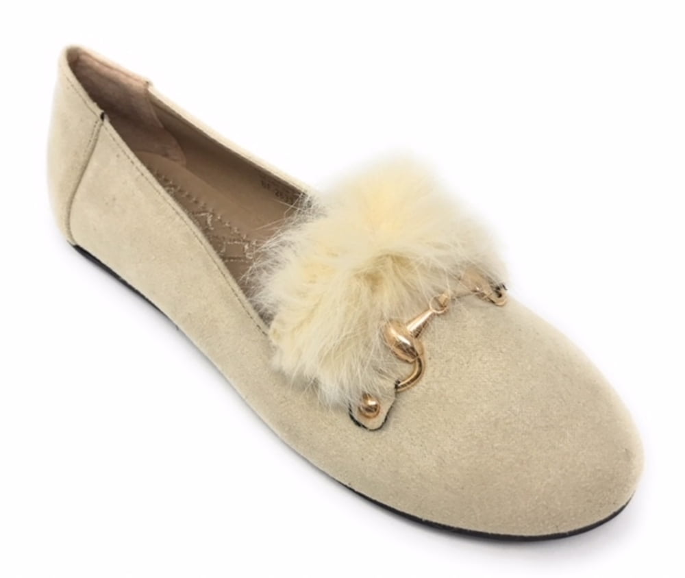 Women’s Loafer Flats with Faux Fur and Gold Chain Accent – Soft Suede-Like Slip-On Shoes – Comfortable Casual Dress Flats for Work, Office, Travel, or Everyday Wear