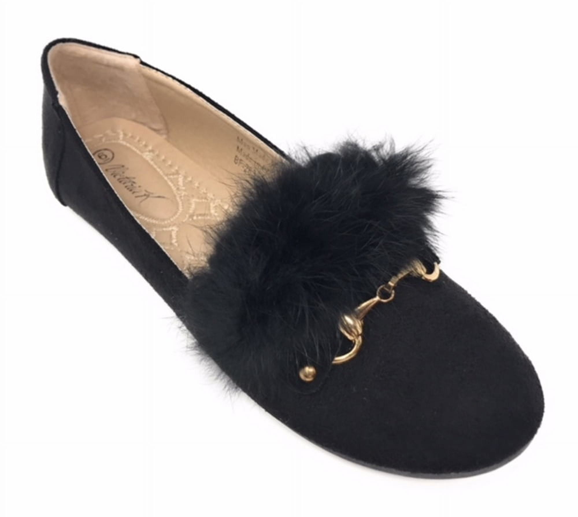Women’s Loafer Flats with Faux Fur and Gold Chain Accent – Soft Suede-Like Slip-On Shoes – Comfortable Casual Dress Flats for Work, Office, Travel, or Everyday Wear