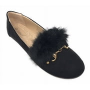 Women s Loafer Flats with Faux Fur and Gold Chain Accent   Soft Suede-Like Slip-On Shoes   Comfortable Casual Dress Flats for Work, Office, Travel, or Everyday Wear