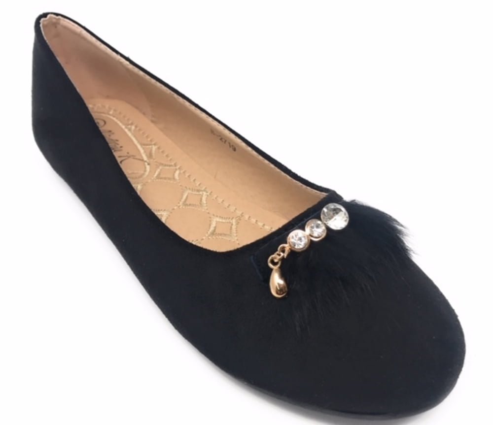 Victoria K Women's Faux Fur With Rhinestone Ballerina Flats