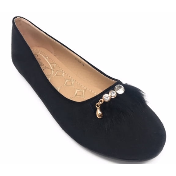 Victoria K Women's Faux Fur With Rhinestone Ballerina Flats