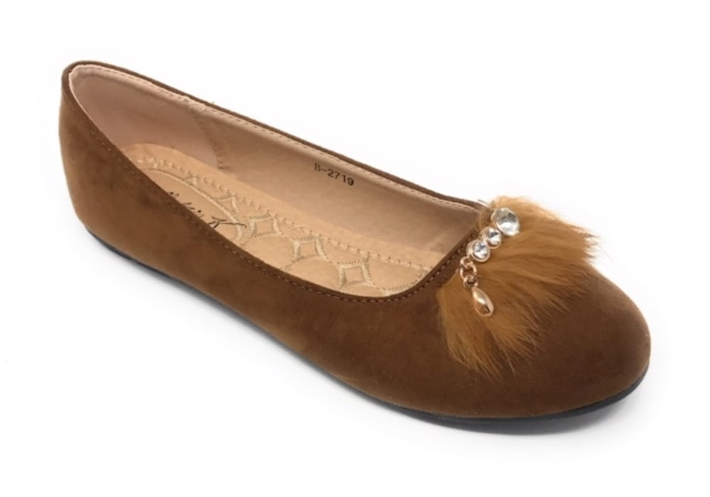 Victoria K Women's Faux Fur With Rhinestone Ballerina Flats