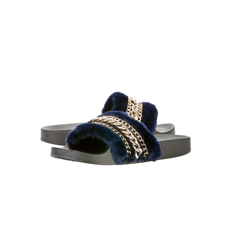 Victoria K Women s Faux Fur w Chain Slider Slipper Walmart