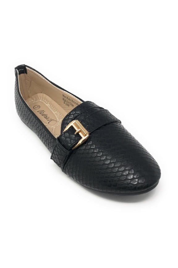Women's Faux Snake Skin With Gold Buckle Ballerina Flats