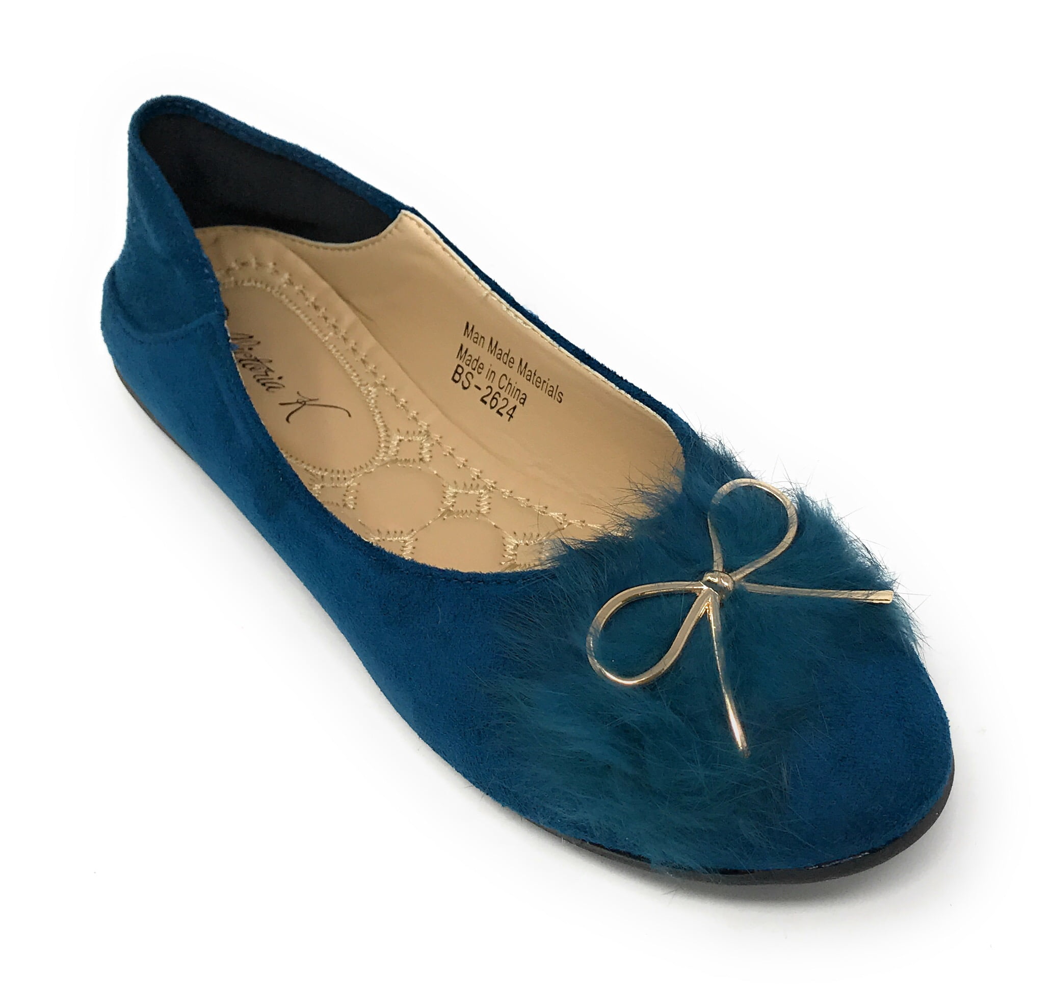 Victoria K Women's Foldover Sueded Faux Fur Gold Bow Ballerina Flats