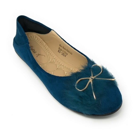 Victoria K Women's Foldover Sueded Faux Fur Gold Bow Ballerina Flats