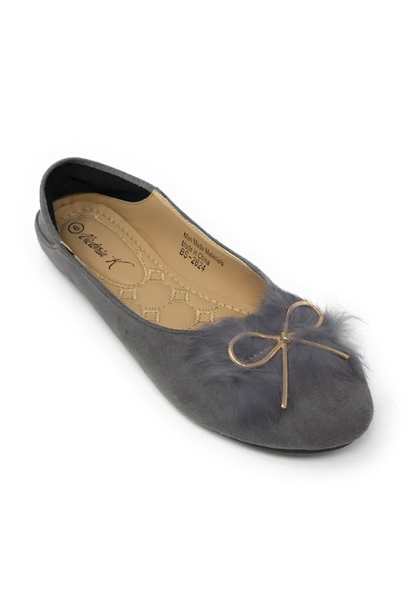 Women's Foldover Sueded Faux Fur Gold Bow Ballerina Flats