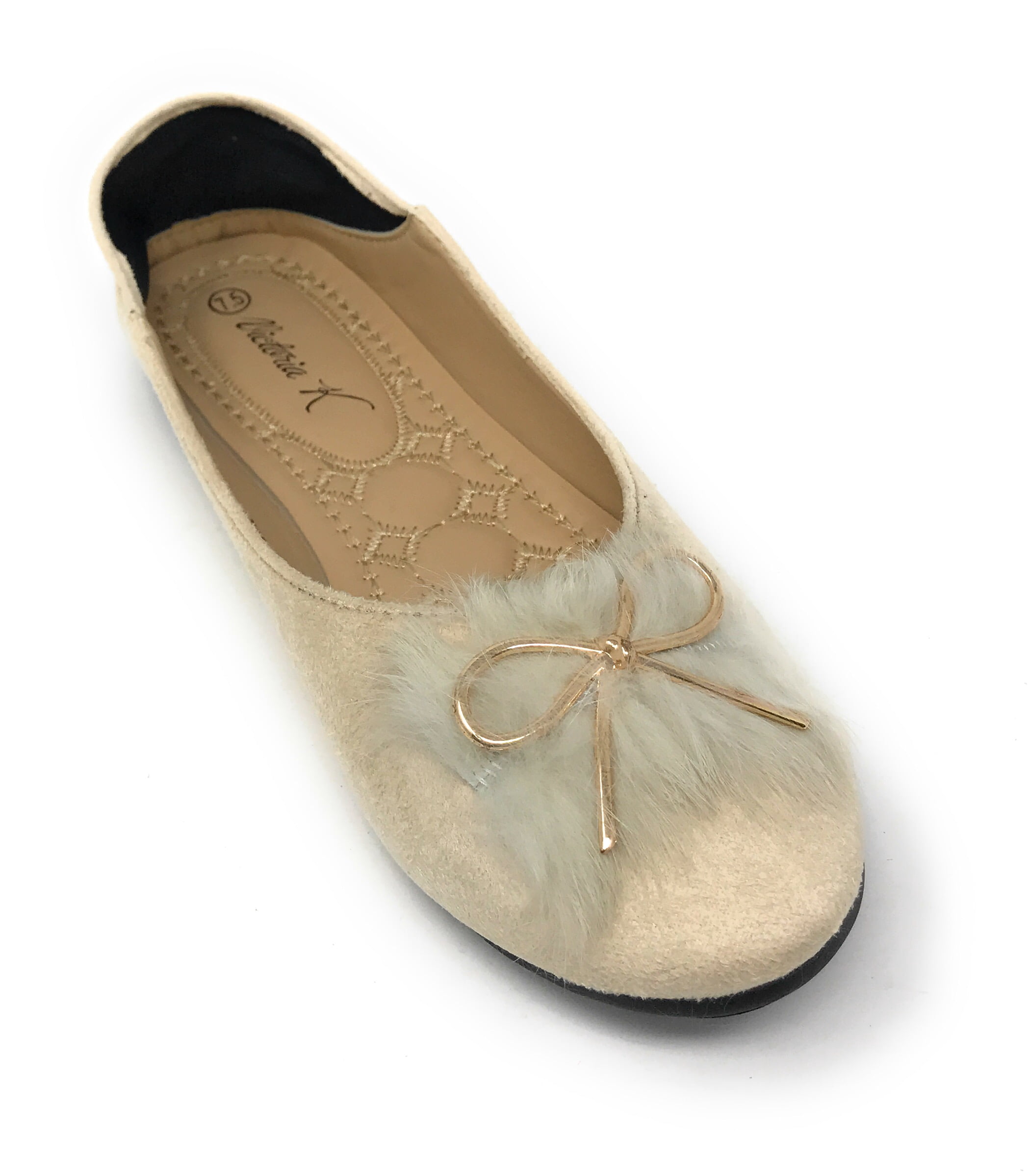 Victoria K Women's Foldover Sueded Faux Fur Gold Bow Ballerina Flats