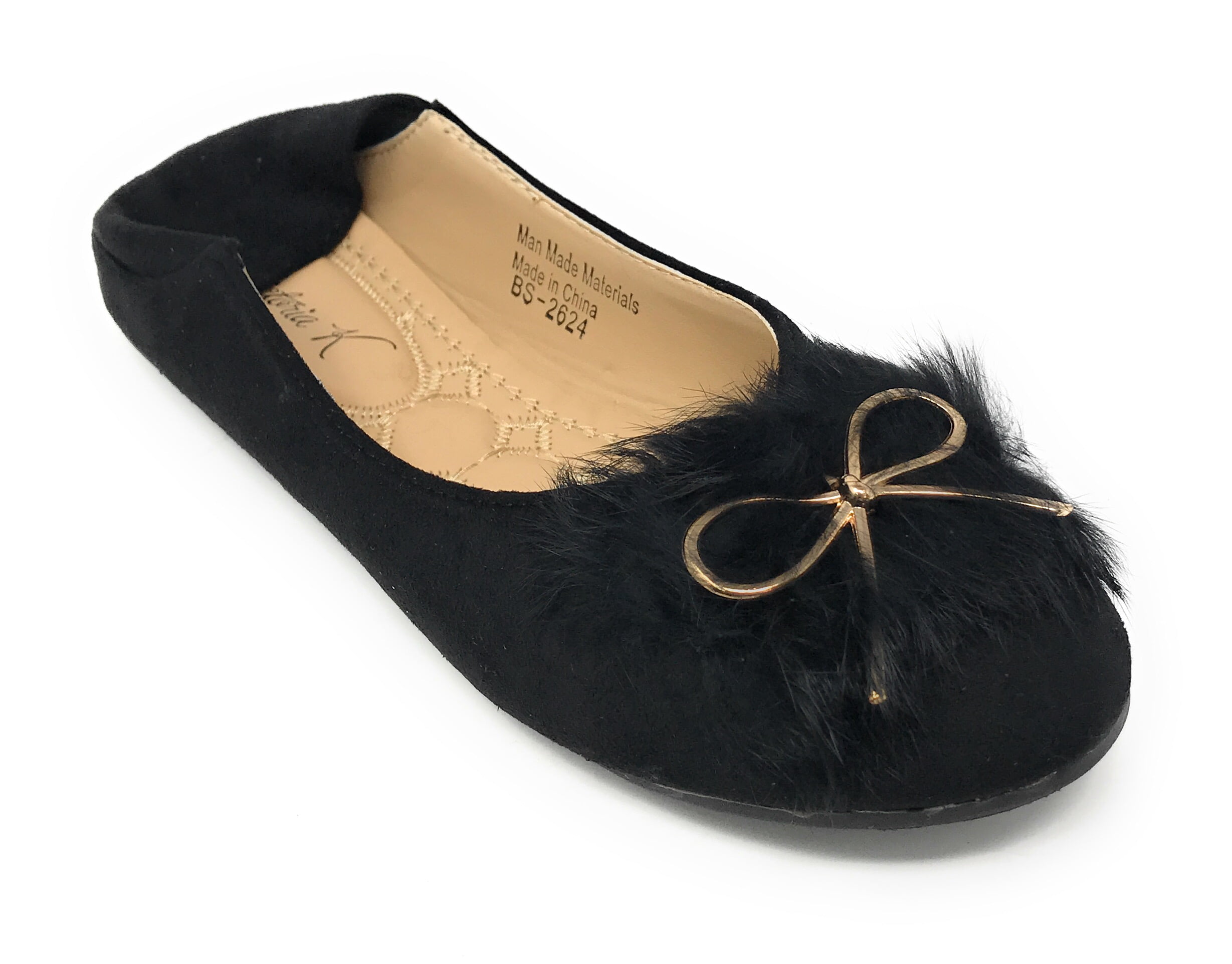 Victoria K Women's Foldover Sueded Faux Fur Gold Bow Ballerina Flats