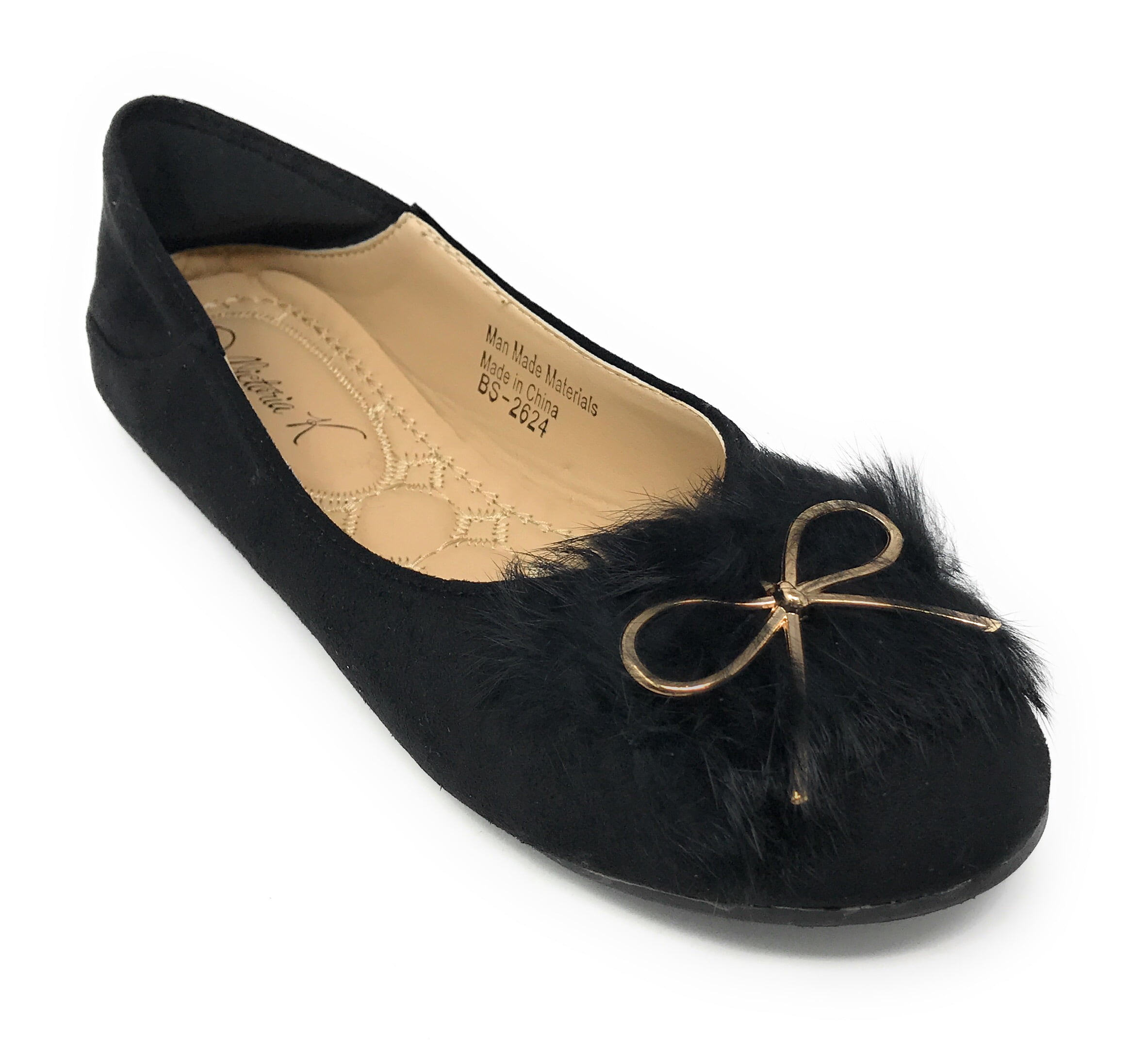 Victoria K Women's Foldover Sueded Faux Fur Gold Bow Ballerina Flats