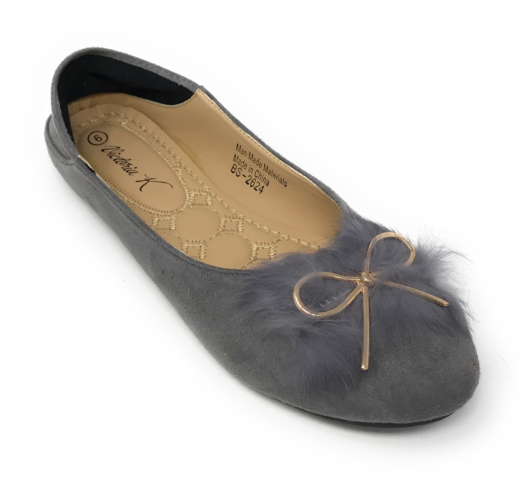 Victoria K Women's Foldover Sueded Faux Fur Gold Bow Ballerina Flats