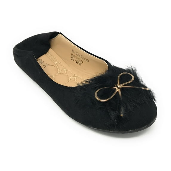 Victoria K Women's Foldover Sueded Faux Fur Gold Bow Ballerina Flats
