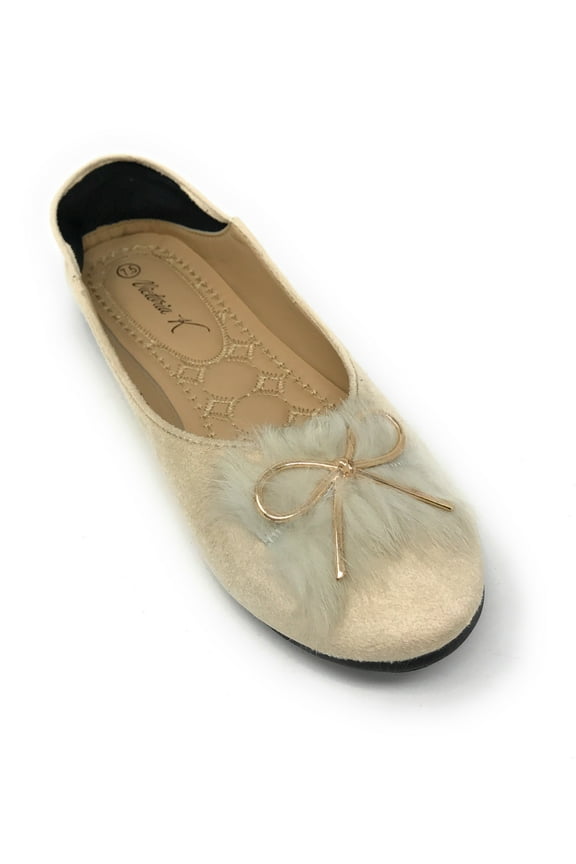 Women's Foldover Sueded Faux Fur Gold Bow Ballerina Flats