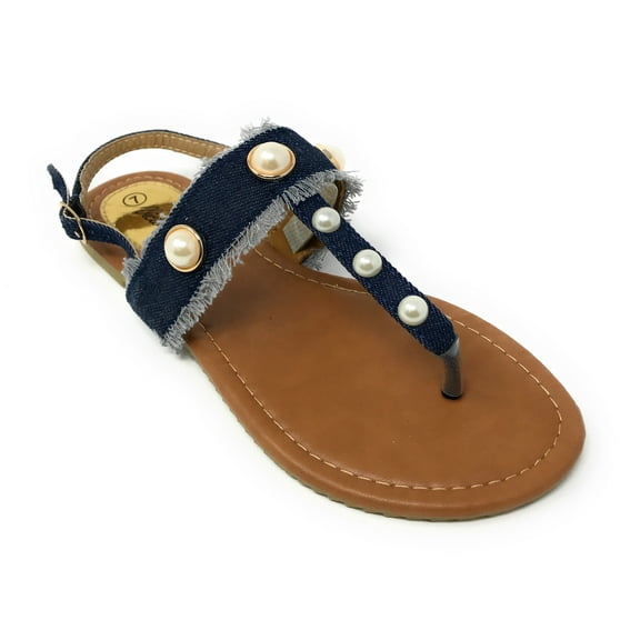 Victoria K Women's Fringed Denim With Pearl Studs Sandals