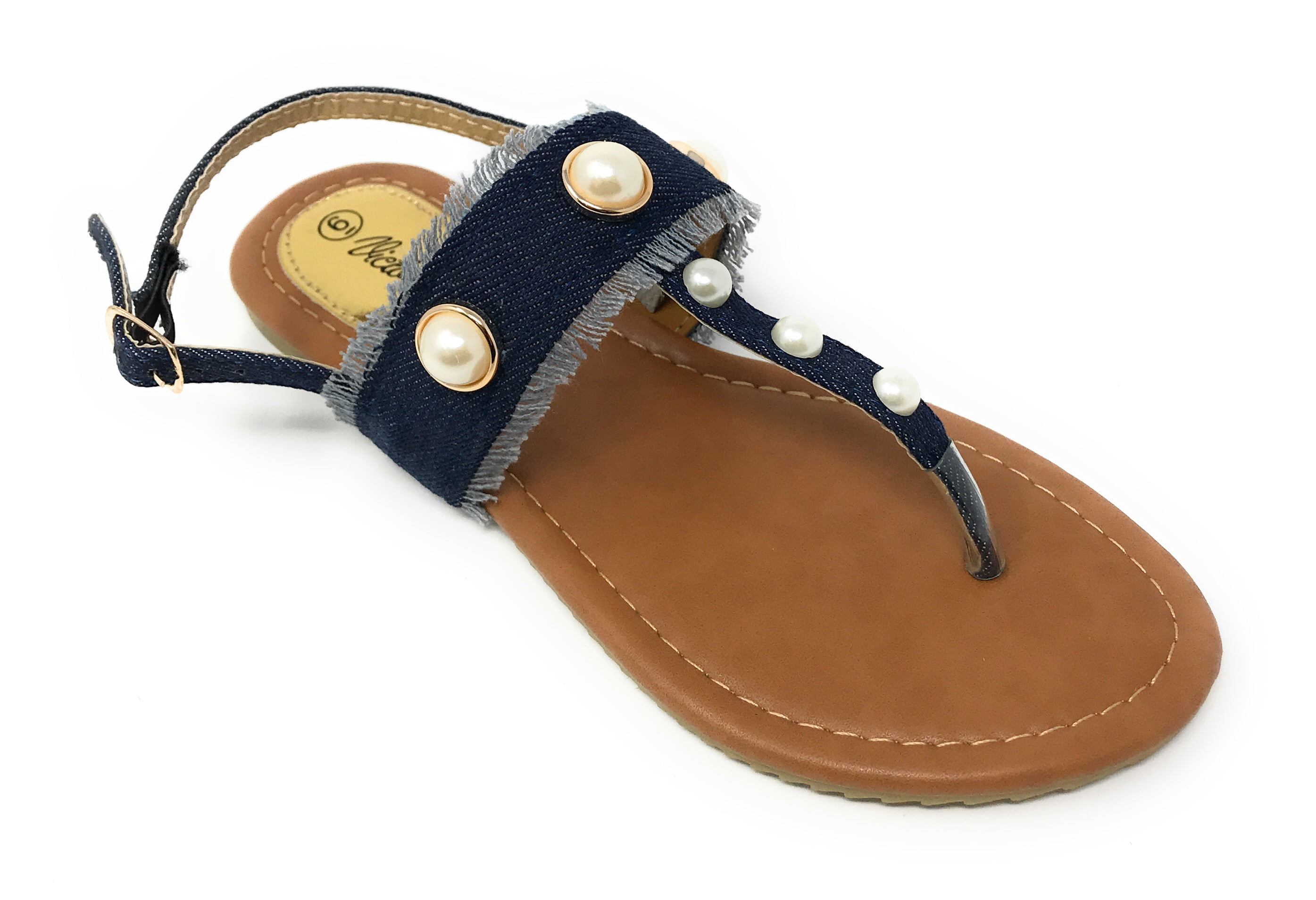 Victoria K Women's Fringed Denim With Pearl Studs Sandals