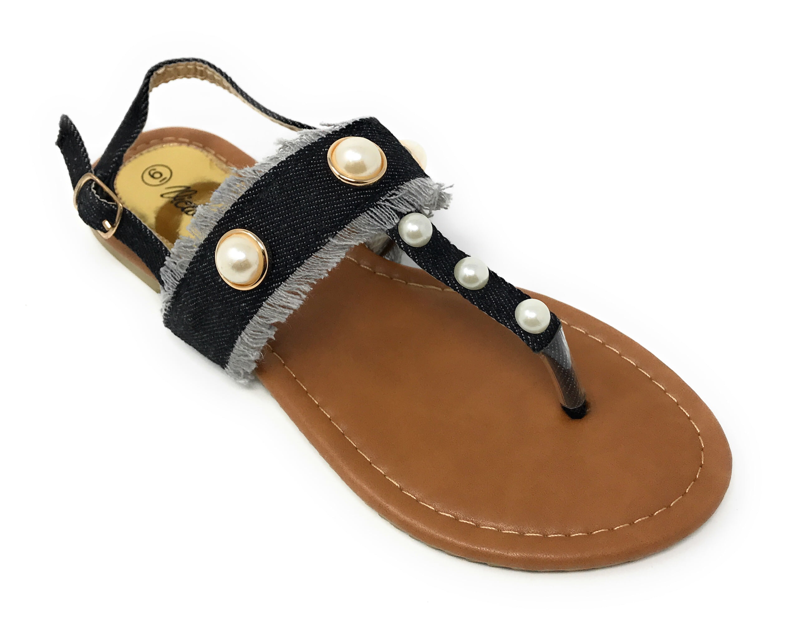Victoria K Women's Fringed Denim With Pearl Studs Sandals