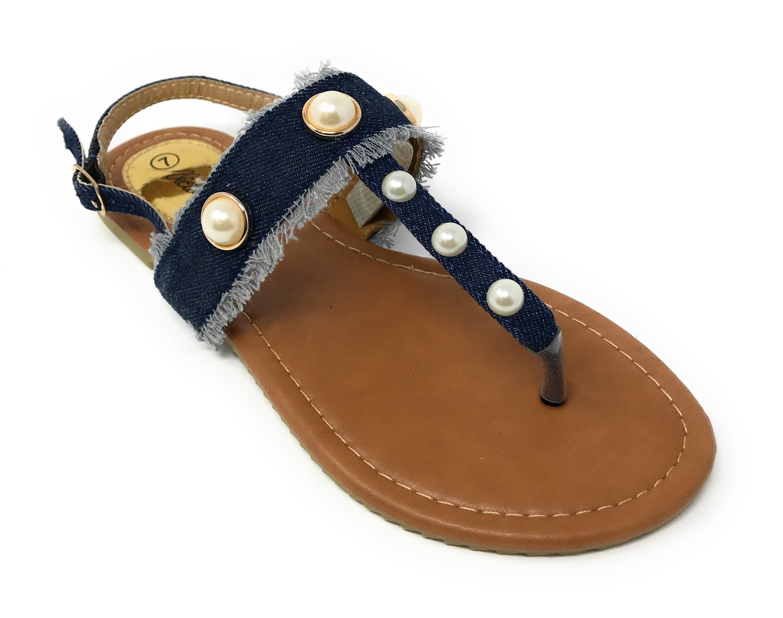 Victoria K Women's Fringed Denim With Pearl Studs Sandals