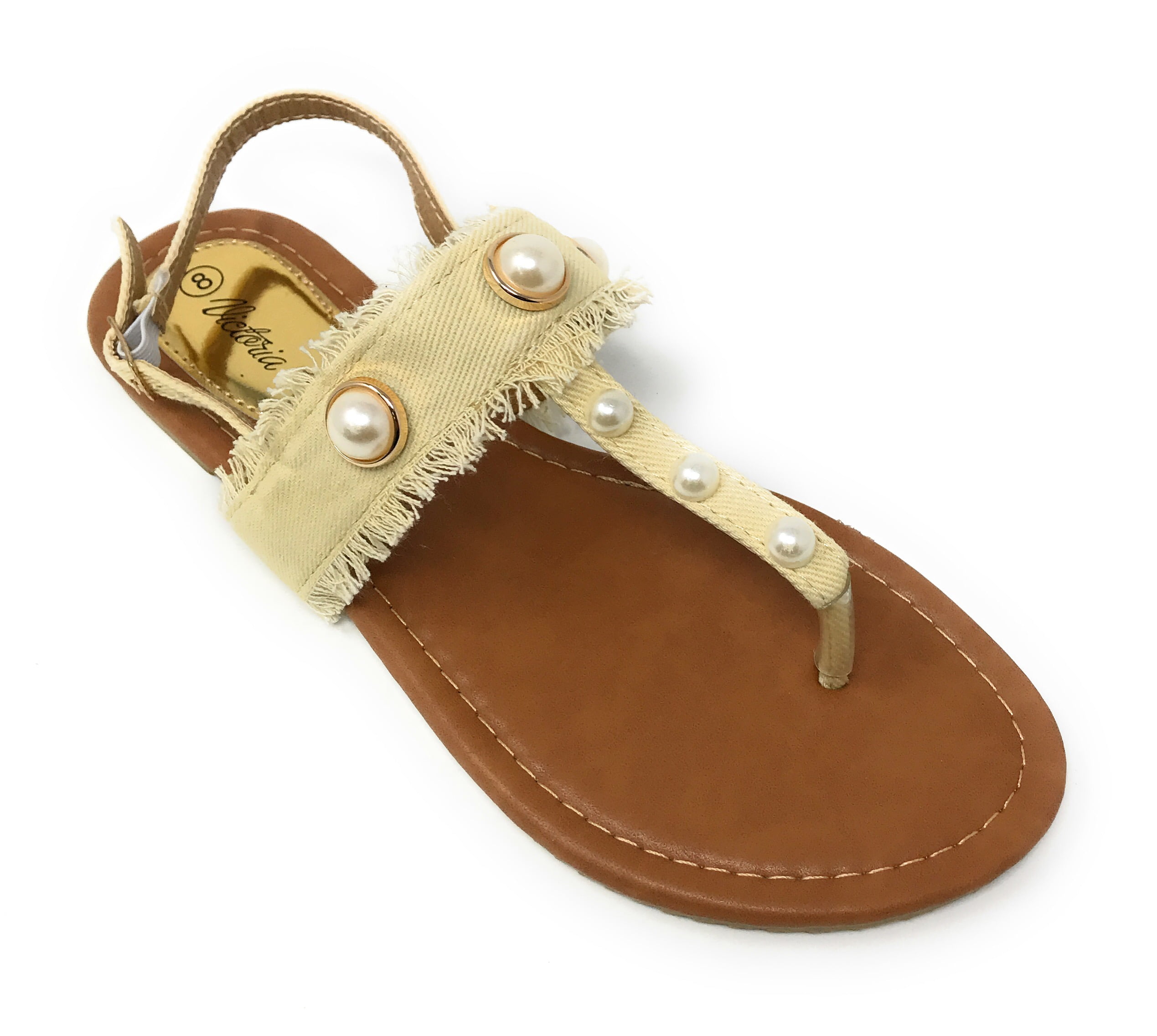 Victoria K Women's Fringed Denim With Pearl Studs Sandals