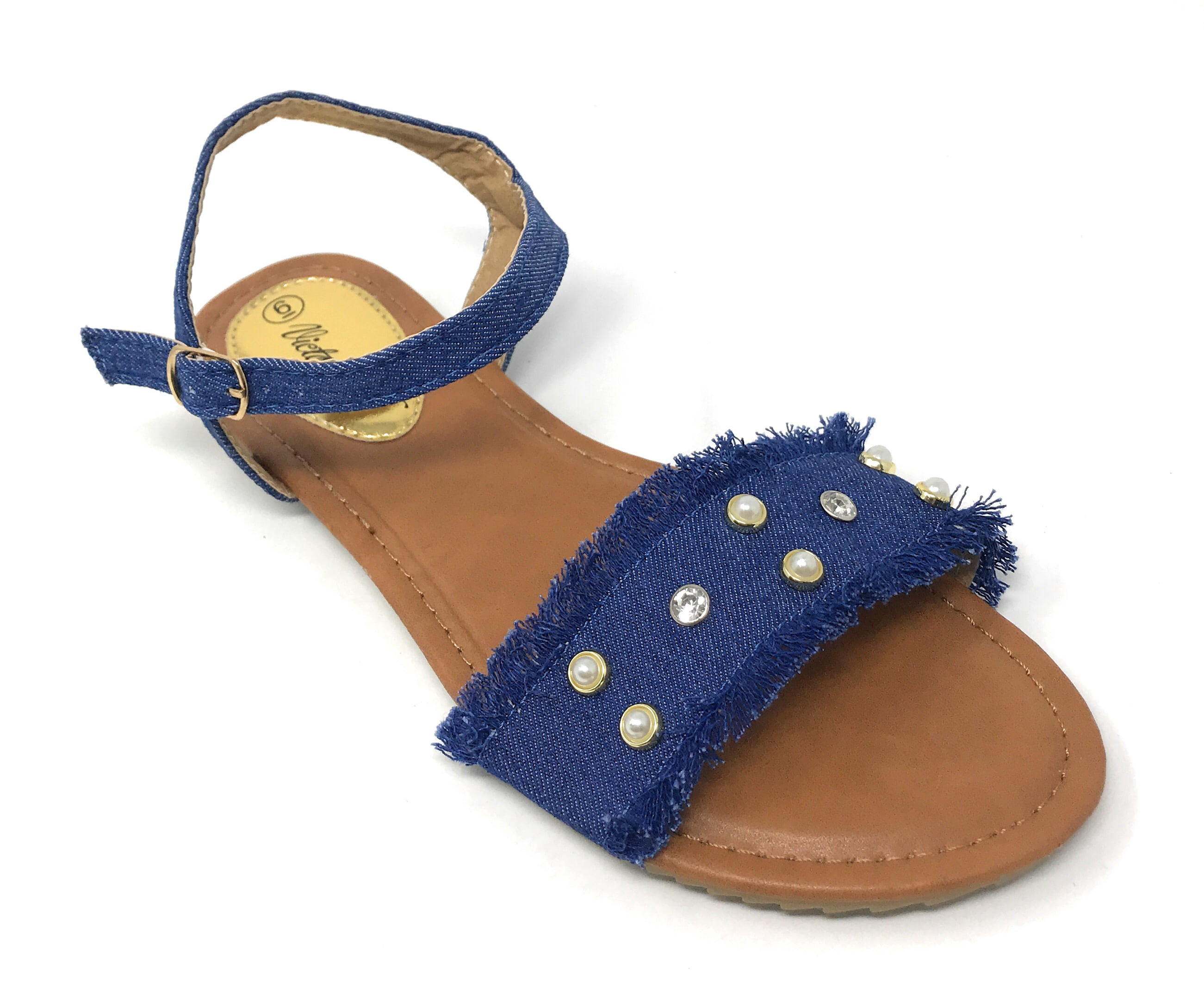 Victoria K Women's Fringed Denim With Studs And Rhinestone Sandals