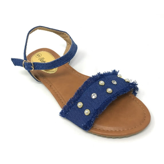 Victoria K Women's Fringed Denim With Studs And Rhinestone Sandals