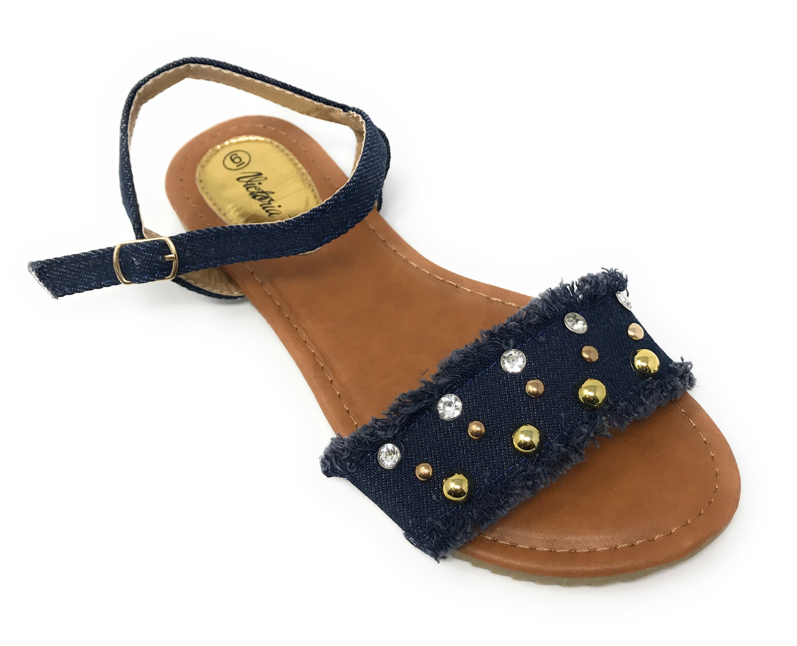 Victoria K Women's Fringed Denim With Studs And Rhinestone Sandals