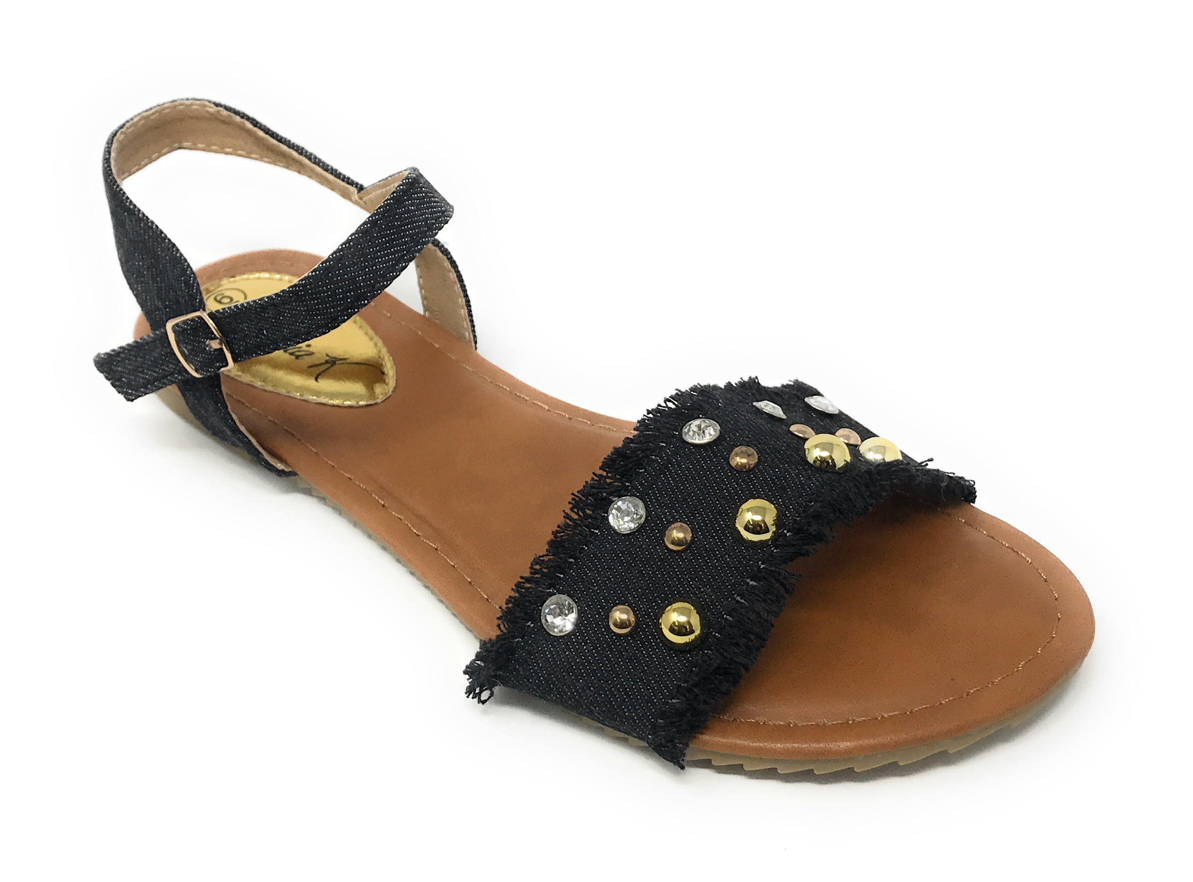 Victoria K Women's Fringed Denim With Studs And Rhinestone Sandals