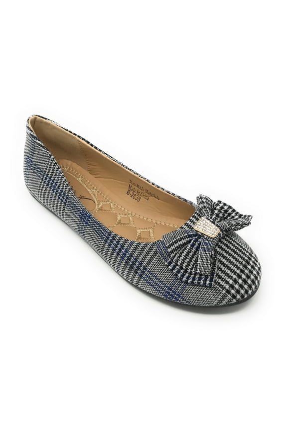 Women's Glen Plaid Matching Bow With Rhinestone Ballerina Flats
