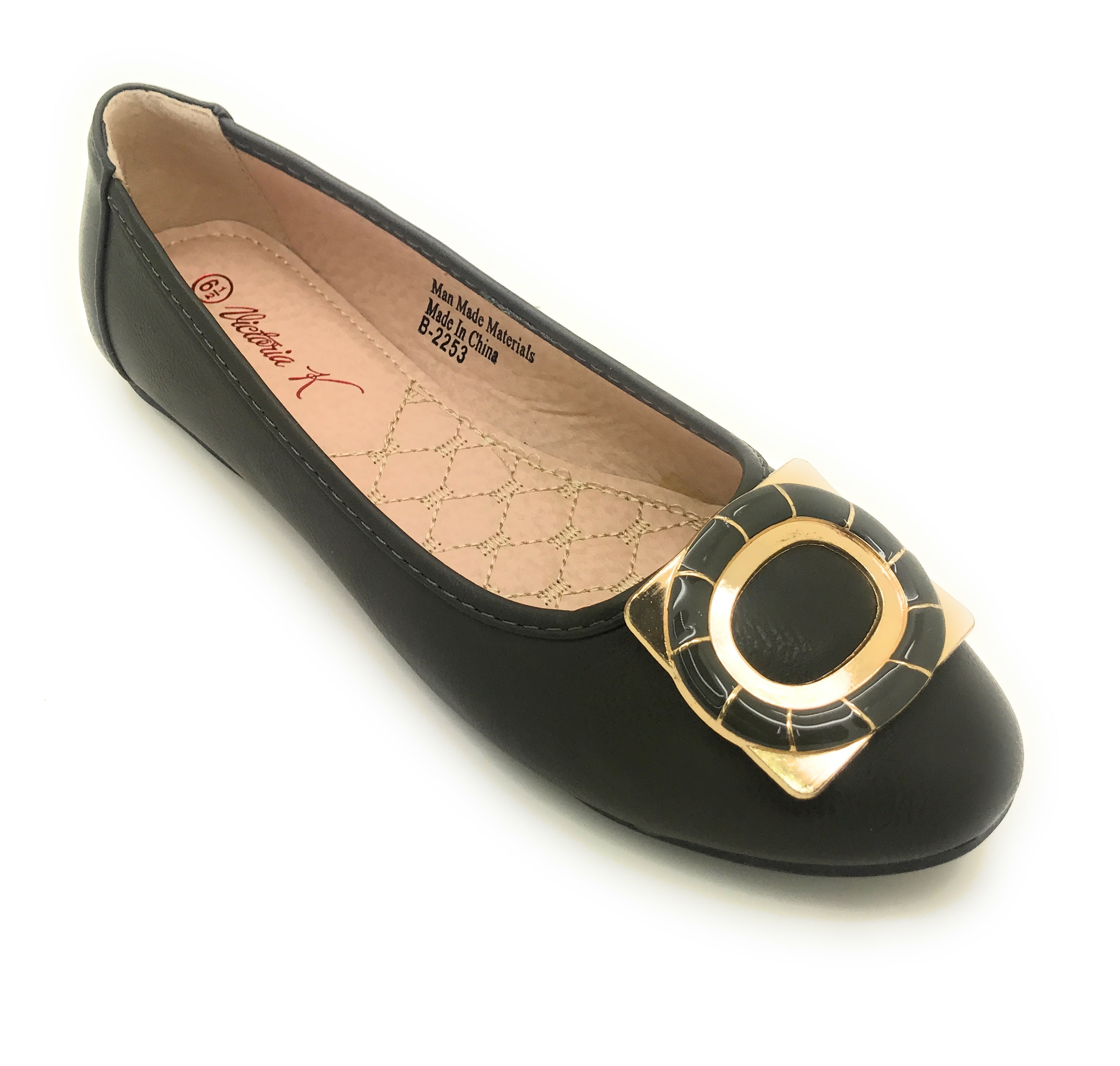 Women’s Ballerina Flats with Gold Buckle Accent – Round Toe Slip-On Dress Shoes – Comfortable Casual Everyday Flats for Work, Office, Travel, or Evening Wear