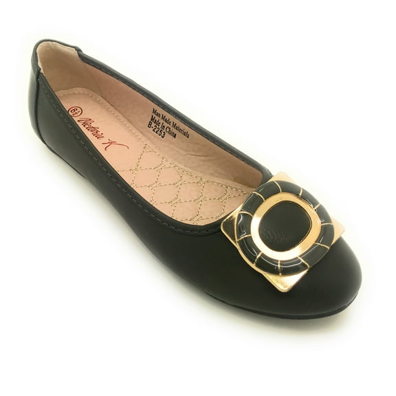 Women’s Ballerina Flats with Gold Buckle Accent – Round Toe Slip-On Dress Shoes – Comfortable Casual Everyday Flats for Work, Office, Travel, or Evening Wear
