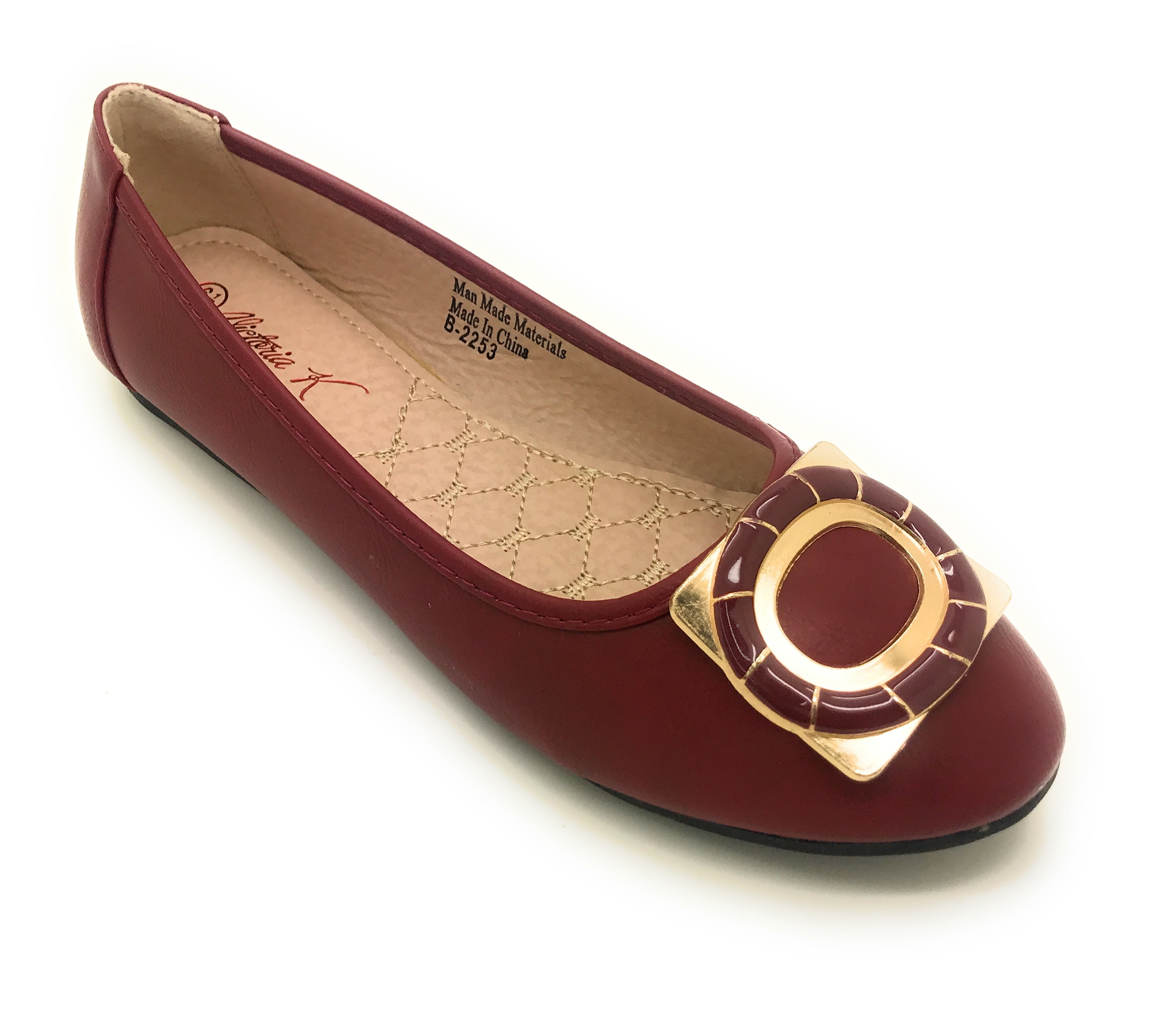 Women’s Ballerina Flats with Gold Buckle Accent – Round Toe Slip-On Dress Shoes – Comfortable Casual Everyday Flats for Work, Office, Travel, or Evening Wear
