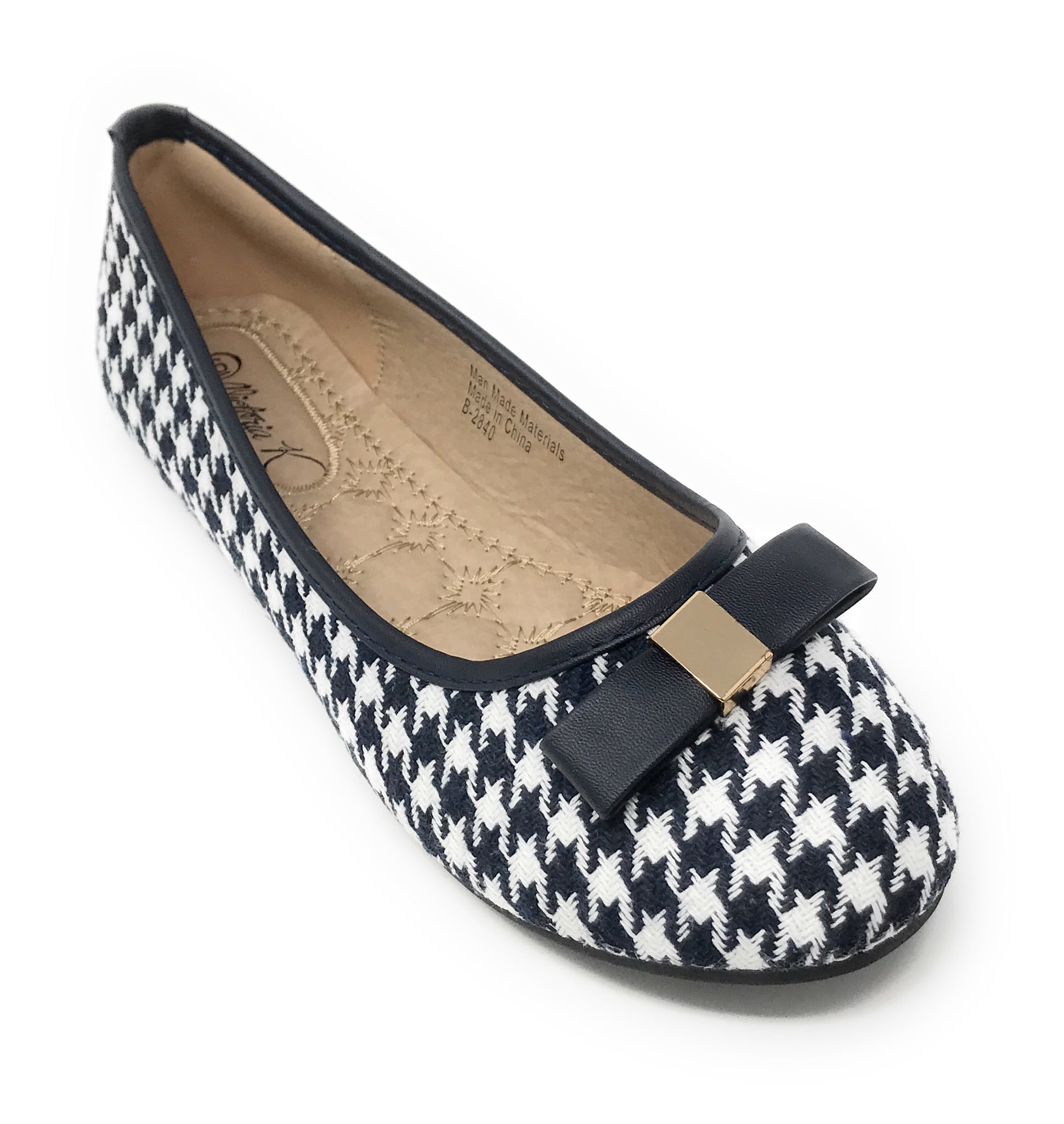 Victoria K Women's Houndstooth Print Gold Emblem Solid Color Bow Ballerina Flats