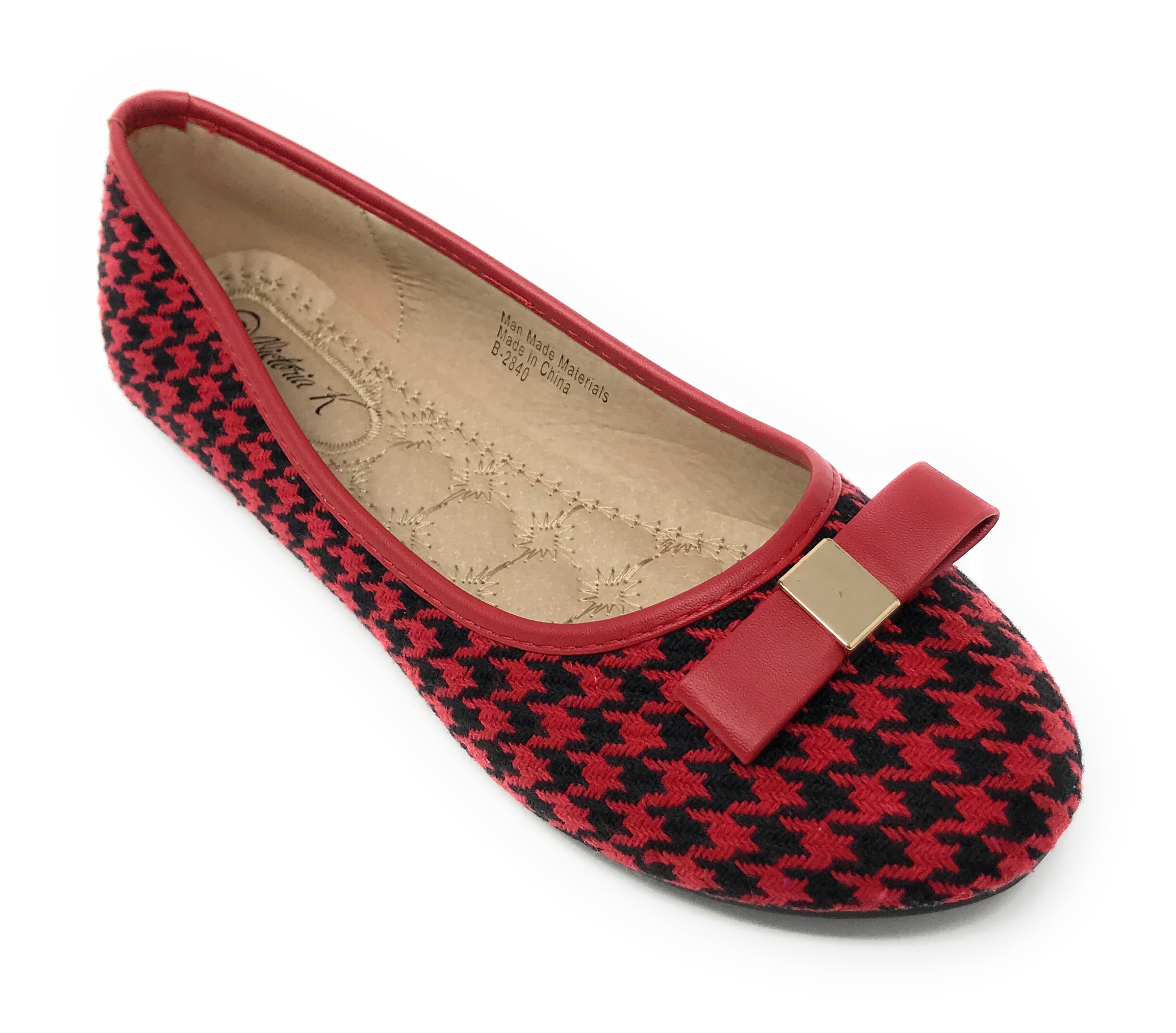 Women’s Black and White Houndstooth Ballerina Flats with Bow – Round Toe Slip-On Dress Shoes – Comfortable Casual Everyday Flats for Work, Office, Travel, or Evening Wear