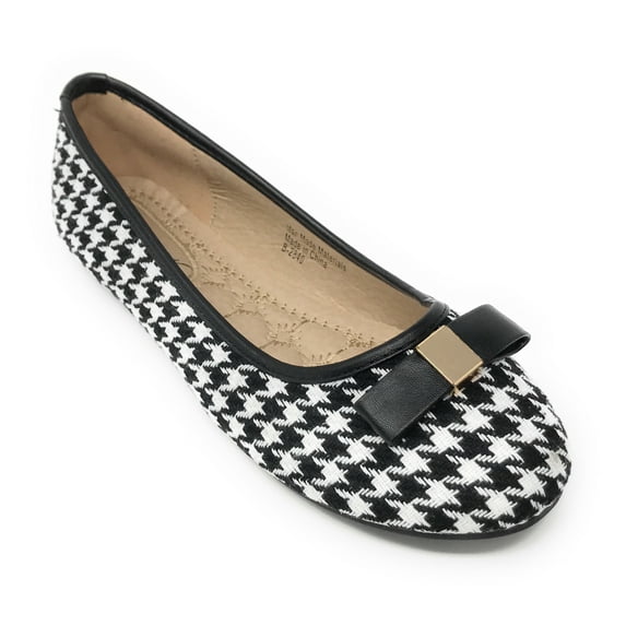 Women’s Black and White Houndstooth Ballerina Flats with Bow – Round Toe Slip-On Dress Shoes – Comfortable Casual Everyday Flats for Work, Office, Travel, or Evening Wear