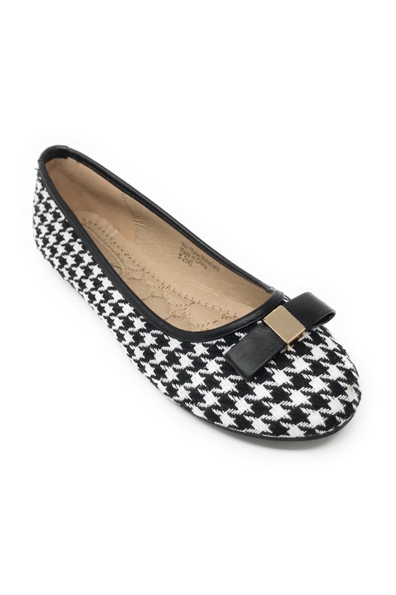 Women’s Black and White Houndstooth Ballerina Flats with Bow – Round Toe Slip-On Dress Shoes – Comfortable Casual Everyday Flats for Work, Office, Travel, or Evening Wear