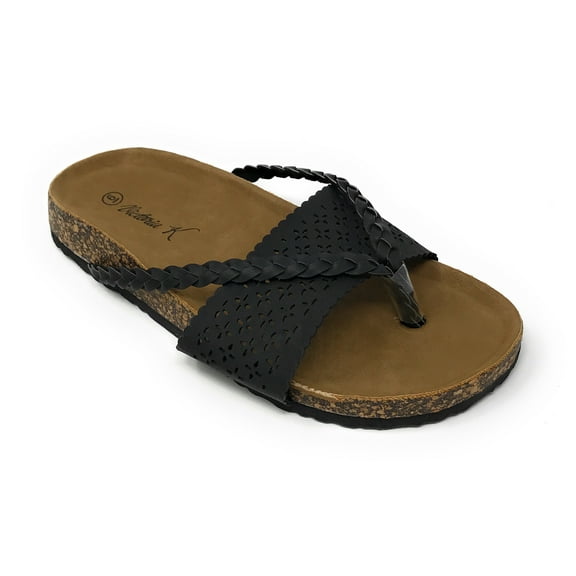 Victoria K Women's Laser Cut Out With Braided Thong Cork Sandals
