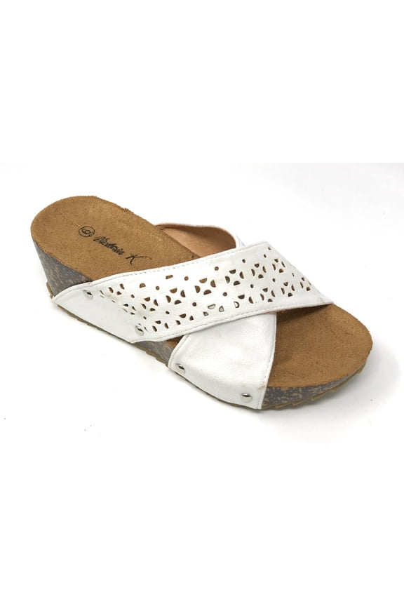 Victoria K Women's Laser Cut Out With Cross Over Strap Cork Wedge Sandals