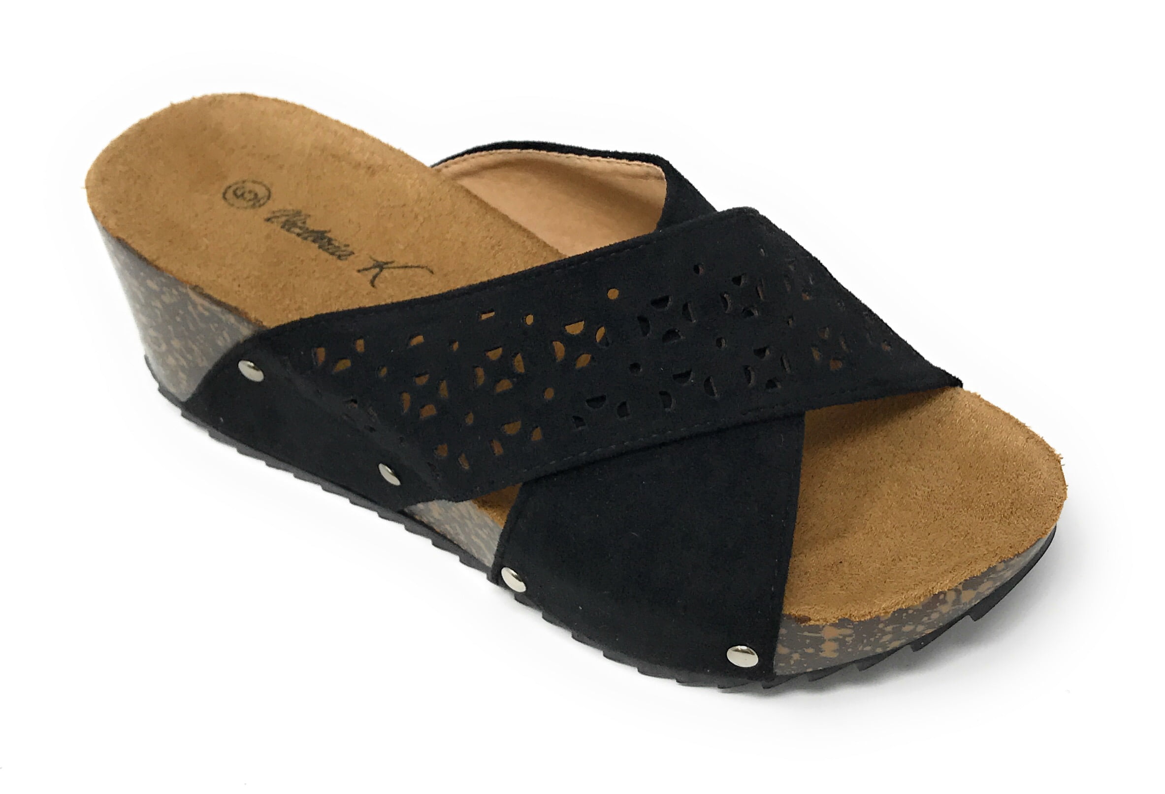 Victoria K Women's Laser Cut Out With Cross Over Strap Cork Wedge Sandals