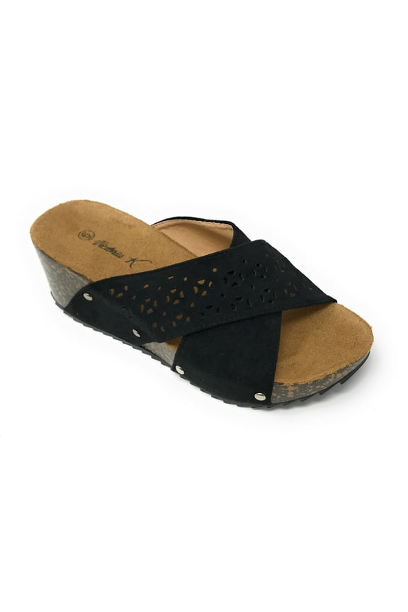 Victoria K Women's Laser Cut Out With Cross Over Strap Cork Wedge Sandals