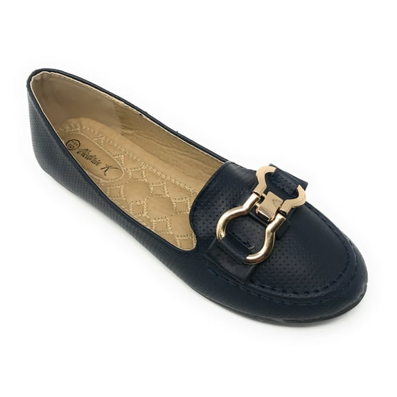 Victoria K Women's Pindot Gold Buckle Loafer Flats