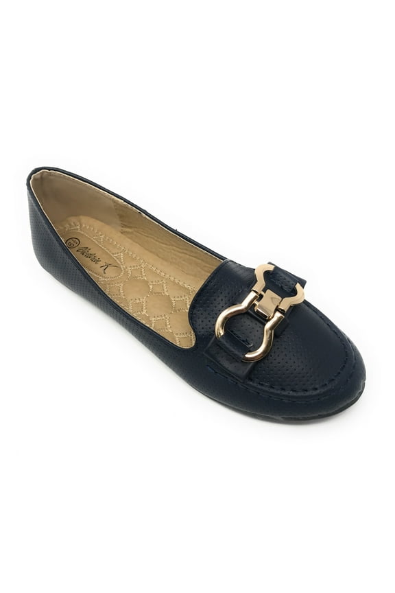 Women's Pindot Gold Buckle Loafer Flats
