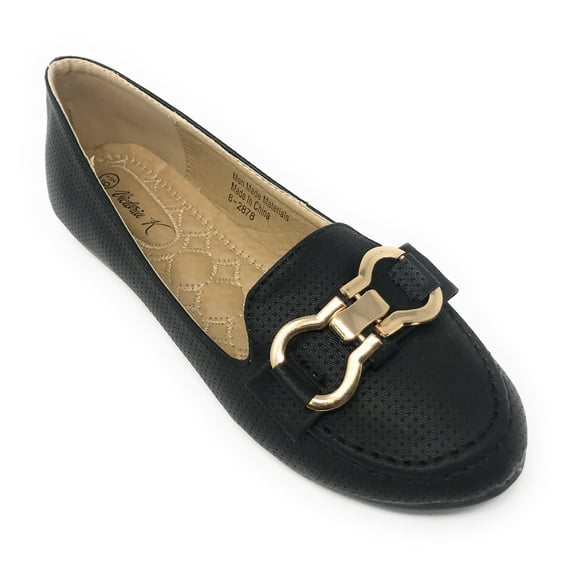 Victoria K Women's Pindot Gold Buckle Loafer Flats