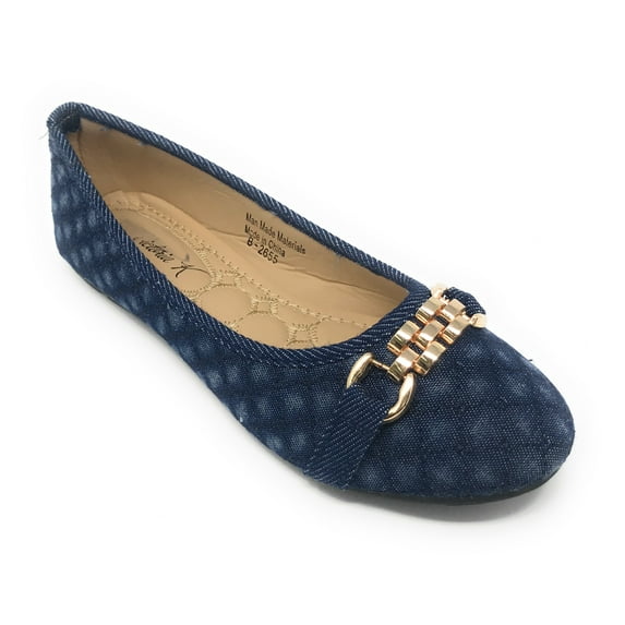 Victoria K Women's Quilted Denim With Gold Link Ballerina Flats